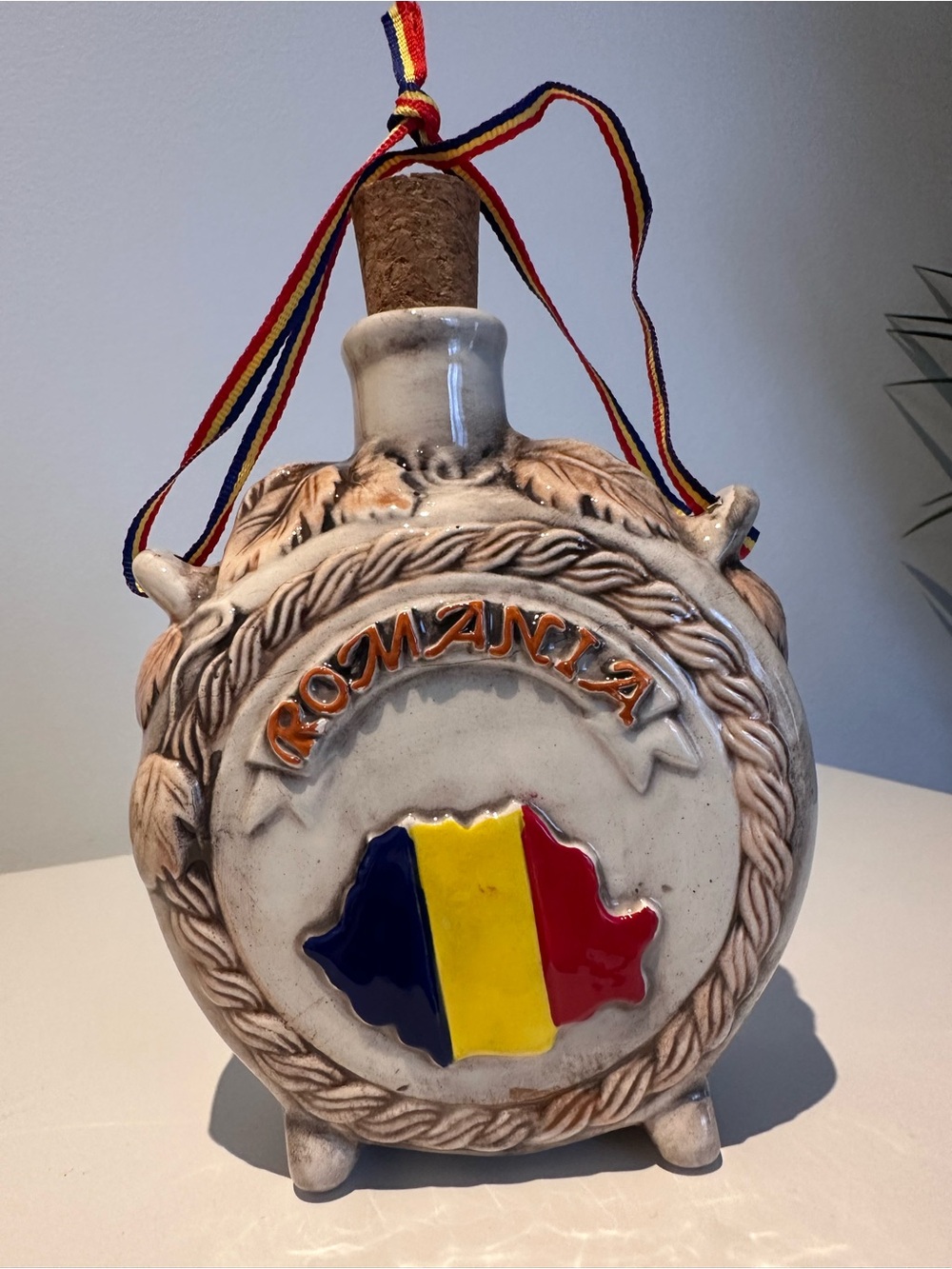 Romania Ceramic Decorative bottle with Tricolor Map and Bran castle on the side